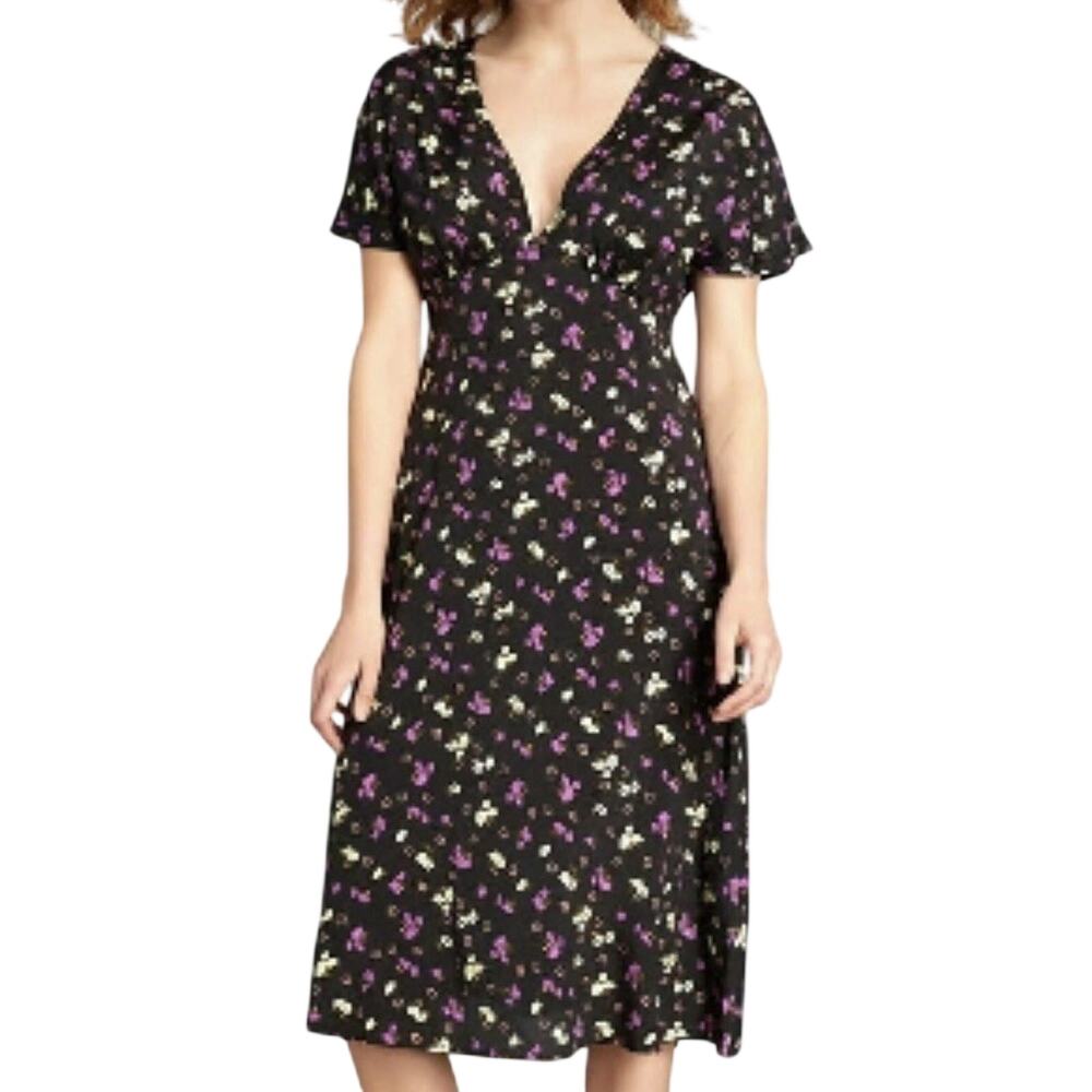 ModCloth Take the Plunge Midnight Floral Midi Dress Dark Fairy Grunge Large